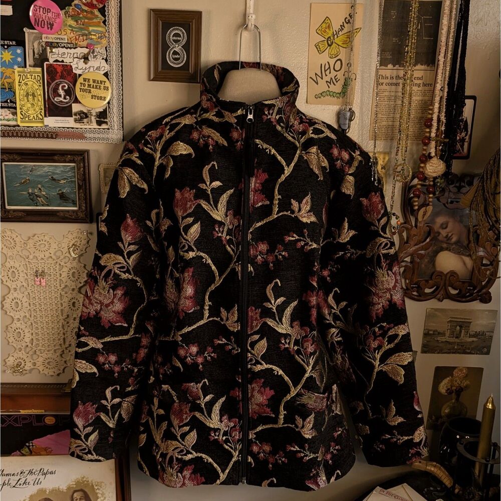 Vintage Embroidered Floral Tapestry Zip Jacket Women's 2XL Black Gold